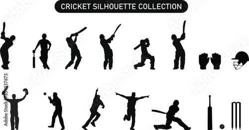 Collection of Cricket Players Silhouette. Silhouettes of Cricket Players and Cricket Elements, Cricket Poses Silhouette Batsman and Bowler