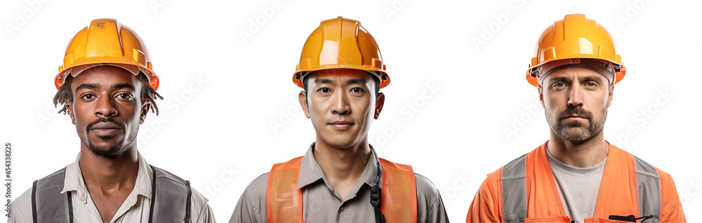 upper body of an Asian, Caucasian, Afro-American male construction worker wearing a helmet - diversity construction site safety concept upper body of an Asian, Caucasian, Afro-American male construction worker wearing a helmet - diversity construction site safety concept