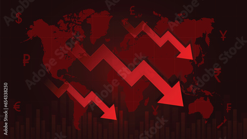 Global Recession Downfall with Red chart. Business Downfall, Global Recession, and Financial Crisis. World Map with Falling Arrows Showing Loss 