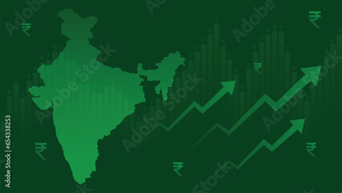 India Growth with a map of India. Indian Currency Rupee Rising Upward Graph. Indian Economy Increasing and rising. 