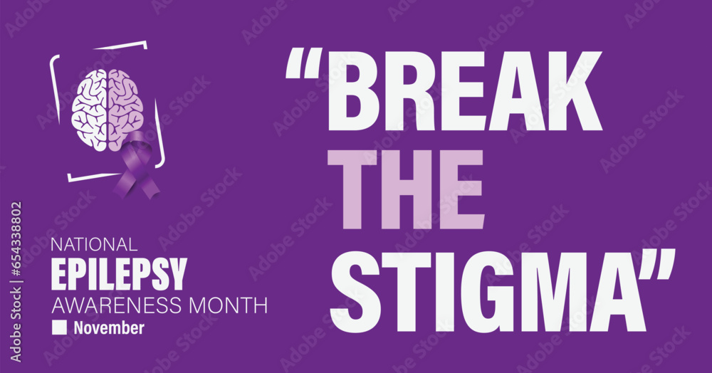 National epilepsy awareness month campaign observed in November banner. Features violet ribbon and brain illustration on plain background. - obrazy, fototapety, plakaty 