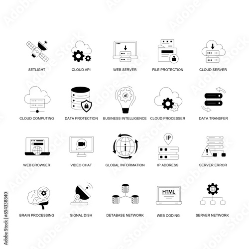 Information Technology Icons Set, Tech Essentials Icons Set, Digital Technology Symbols Collection, Cyber Tools and Gadgets Icon Pack.