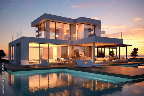 Exterior of modern minimalist cubic villa with swimming pool at sunset. © arhendrix