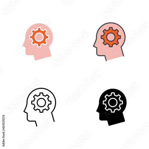 Male head and gear wheel,thinking creativity. Head of man and cogwheel inside. Human profile with mechanism. Machine Learning Concept. Learn icon. Vector illustration Design