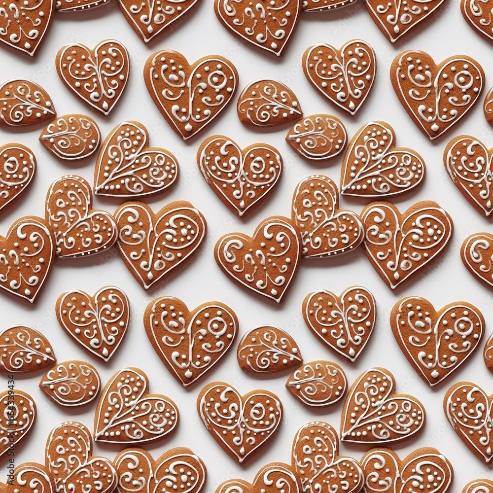 seamless pattern of heart shaped gingerbread cookie on white background. holiday season treat seamless pattern of heart shaped gingerbread cookie on white background. holiday season treat