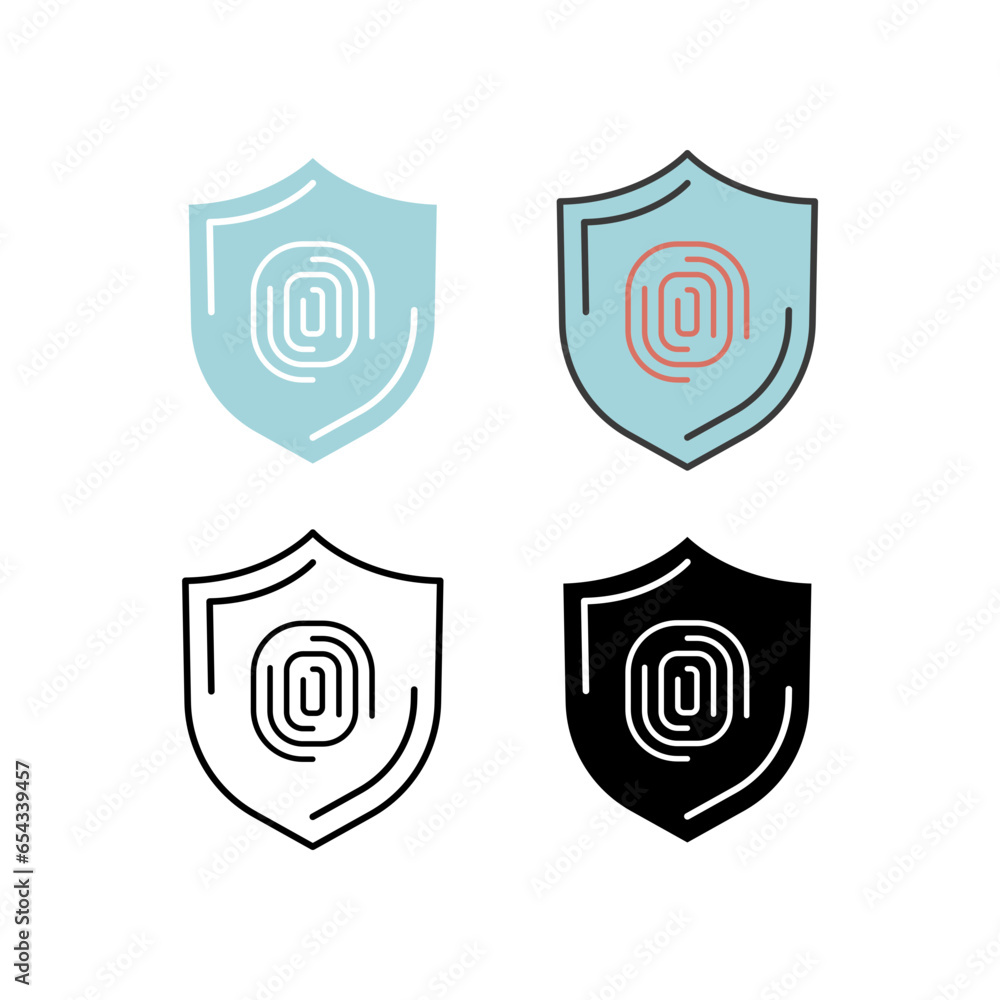 Human Finger print and shield for safe cyber security in biometric identification technology. Thumbprint. Fingerprint security icon, protection. Vector illustration. Design
