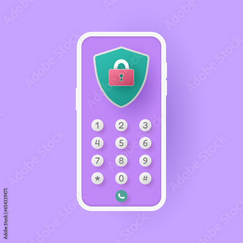 A smartphone with armor protection and a lock key with numeric buttons. Color pastel style. Vector illustration