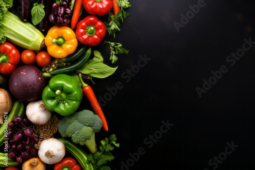 Seasonings  vegetables  fruits and foods on dark background. view from above. Generative AI