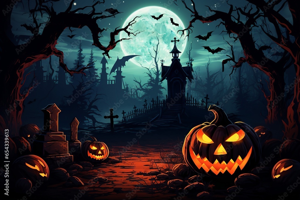 Fototapeta premium Mysterious Halloween Background with Moonlight, Pumpkins, and Ghostly Shadows, Eerie Halloween Night Scene with Spooky Moon and Haunted House