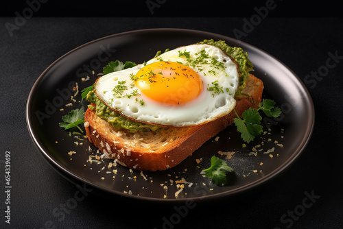 Delicious Plate of Avocado Toast with a Fried Egg Isolated on a black Background.