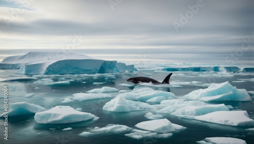 Un paisaje ártico diverso, que muestra el contraste entre la tundra congelada y las aguas cristalinas del Océano Ártico, con una manada de ballenas rompiendo en la distancia.