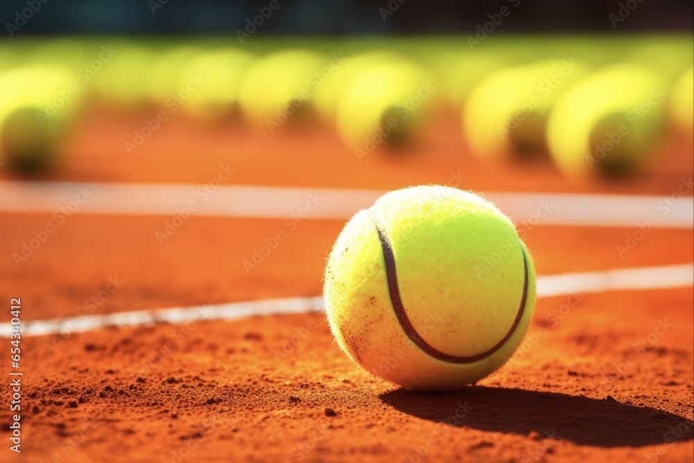 Closeup of Tennis Equipment. Yellow Tennis Balls Lying on an Orange Clay Tennis Court in Preparation for a Tennis Match