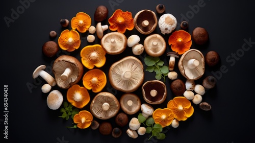 Different Types of Edible Mushrooms. Top View of Champignon Fungal Food on Dark Background