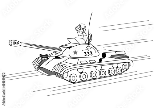 Cartoon stick man drawing conceptual illustration of man in small tank going to enjoy the fighting, killing and destruction. Business concept of war as game.