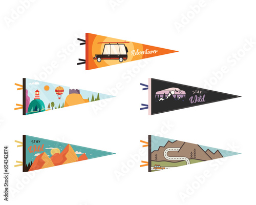 Set of adventure pennants. Camping Pennant flags design. Vintage outdoor designs with summer camp symbols mountains, bison, camper car. Stock vector collection