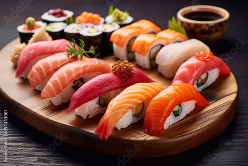 a tray of various types sushi and rolls on a table
