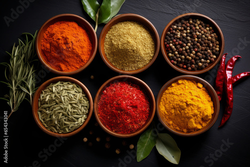 Various spices arranged on a table. Generative AI