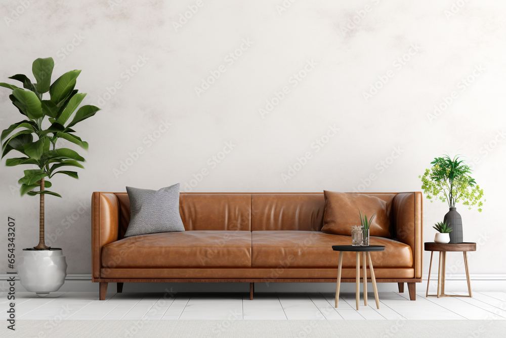 Interior living room wall mockup with leather sofa Generative ai