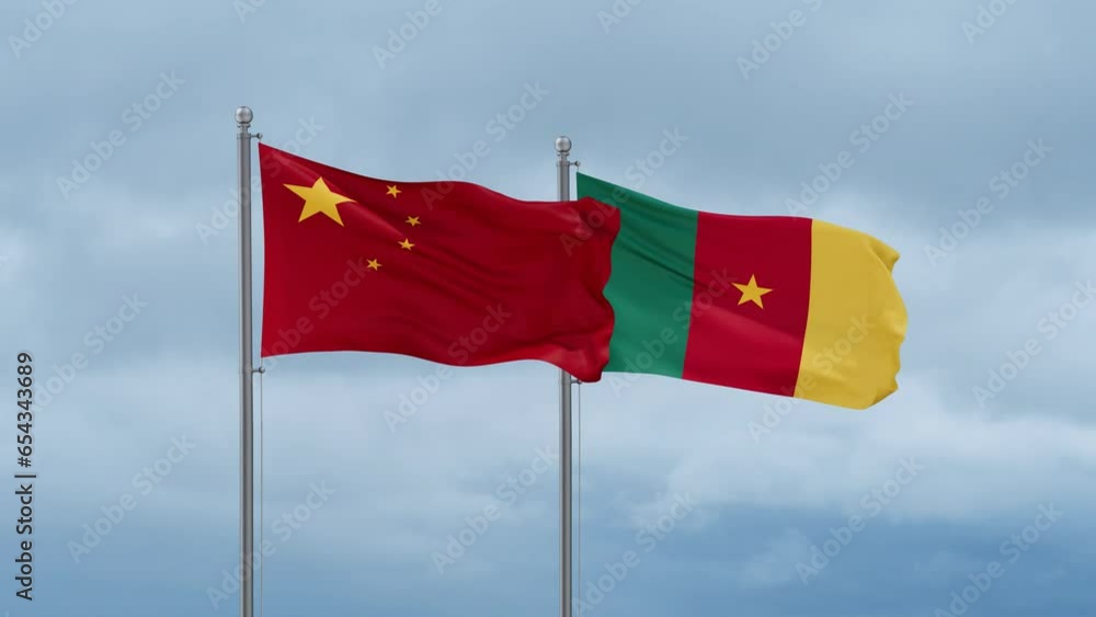Cameroon flag and China flag waving together on cloudy sky, endless seamless loop, two country relations concept Cameroon flag and China flag waving together on cloudy sky, endless seamless loop, two country relations concept