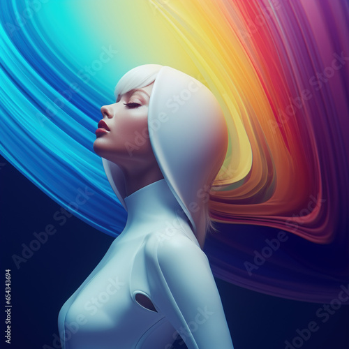 młoda kobieta w futurystycznym sportowym ubraniu z długimi gładkimi białymi włosami patrząca po za kadr z zamkniętymi oczami na kolorowym gradientowym tle young woman futuristic sportswear AI Generate