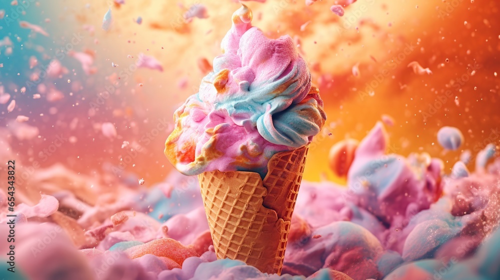 Ice cream in waffle cones with pink, blue and yellow flavors