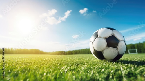 A soccer ball lies on the green grass © cherezoff