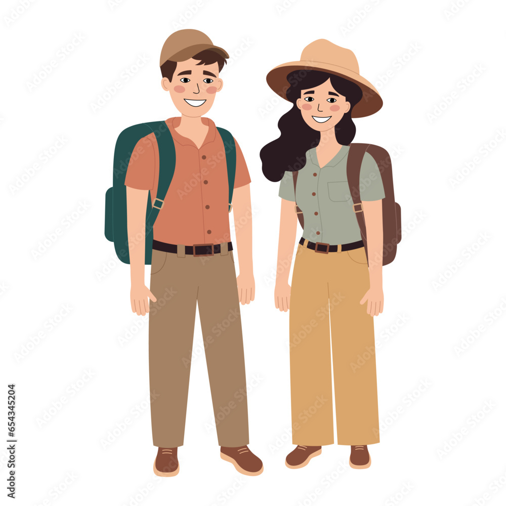 Happy young couple of tourists with backpacks. Travelers man and woman in standing pose. Tourism, hiking concept. Vector flat illustration isolated on white background