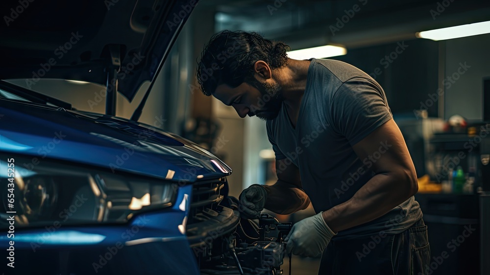 Mechanics changing car engine and tires with garage and showroom background. Group of repairman team working in the automotive workshop. Mechanics changing car engine and tires with garage and showroom background. Group of repairman team working in the automotive workshop.
