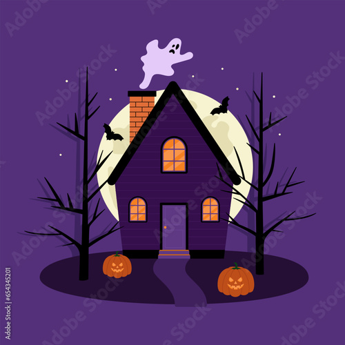 Halloween haunted house. Spooky landscape with violet house, trees, pumpkins, bats, ghost and big moon. Vector flat illustration on purple background