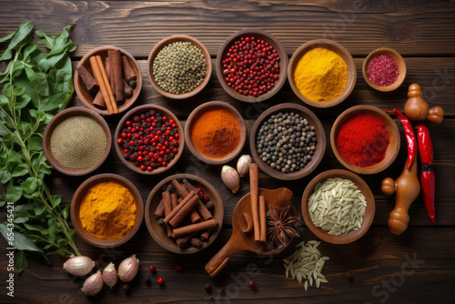 Various spices arranged on a table. Generative AI