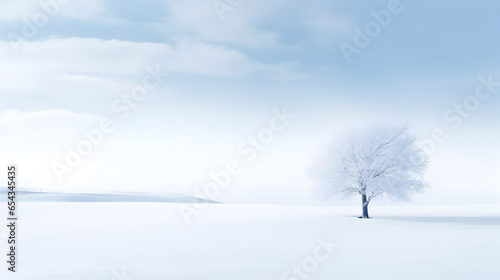 Minimalist snowy landscape with a pristine white background, winter atmosphere, snow covered tree banner for Christmas  © VisionCraft