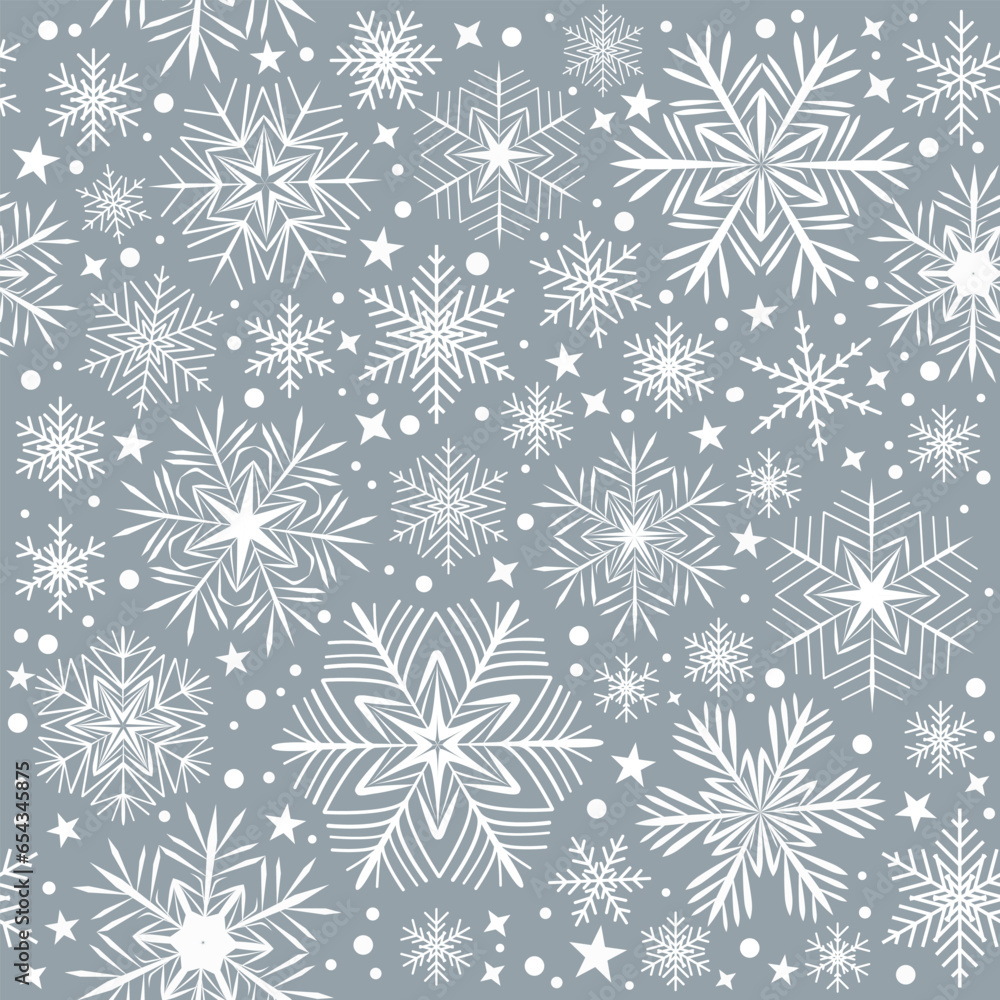 Seamless pattern of snowflakes. Let it snow. For decoration of borders, postcards, posters, flyers for the New Year and Christmas holidays. Vector illustration