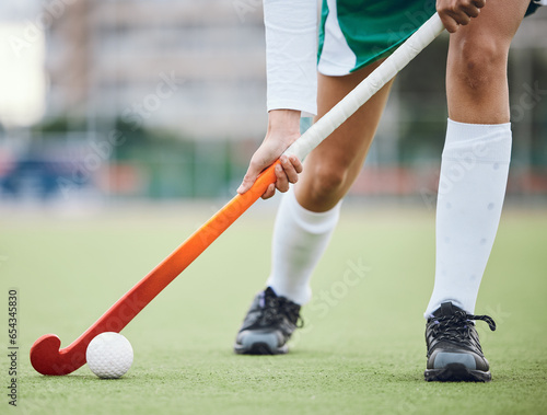 Obraz na plátně Woman athlete, hockey and field with exercise for game goal training or running, workout on grass turf