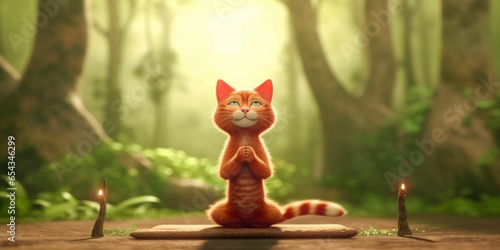 A Cat Meditates in the Forest. Cat with Namaste Pose