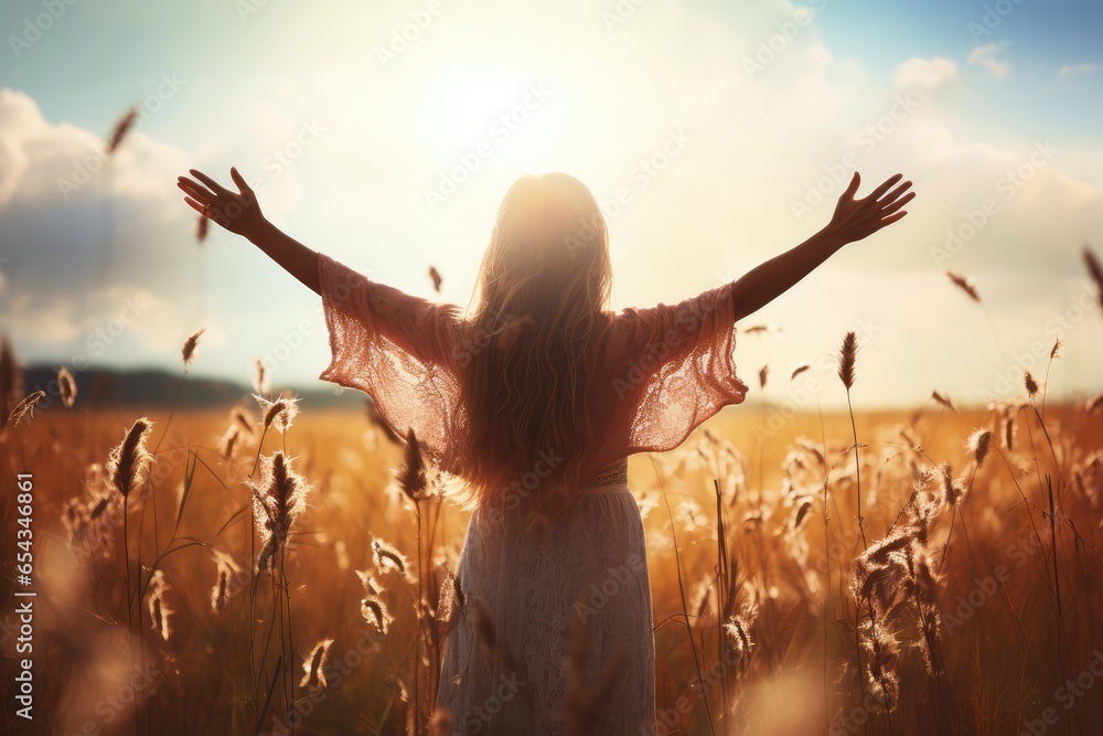 young woman with open arms in a corn field during sunset with heavenly light. The girl turns her back to the camera. - obrazy, fototapety, plakaty 