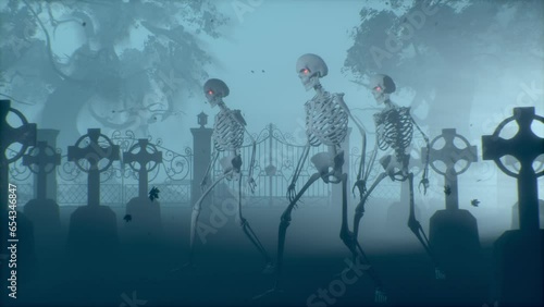Dancing skeletons in the cemetery at night. Skeletons with red burning eyes in a graveyard in the fog. Halloween concept.