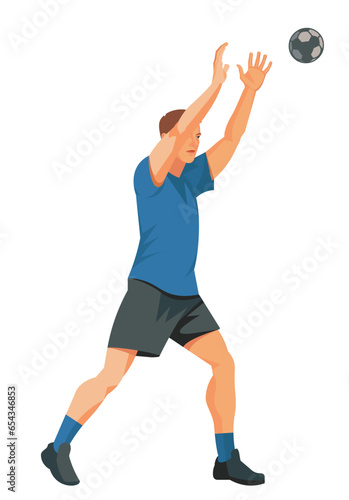 Isolated figure of a handball player in blue shirt standing and throwing a ball, a handball player's stance in training