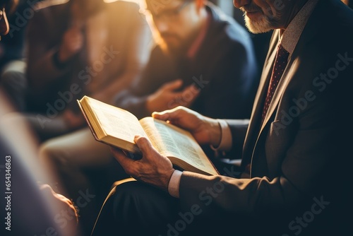 Side view of an unrecognizable bearded senior man reading the bible next to a group of people.