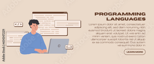 Software engineering and script coding web banner template. Programmer working on web development in php, python, javascript on virtual computer screen. Website developer. Vector isolated illustration