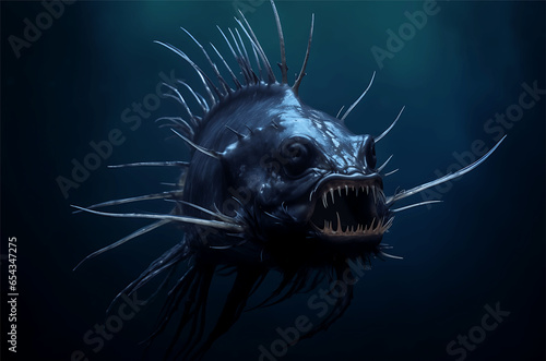 3d illustration of a big fish in deep blue water, dark background © Rama