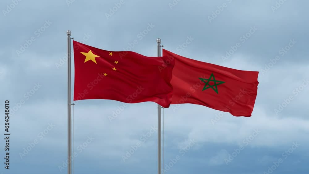 Morocco flag and China flag waving together on cloudy sky, endless seamless loop, two country relations concept Morocco flag and China flag waving together on cloudy sky, endless seamless loop, two country relations concept