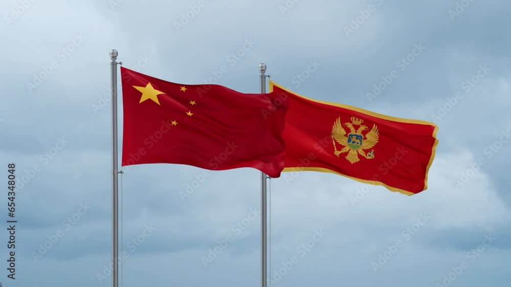 Montenegro and China flag waving together on cloudy sky, endless seamless loop, two country cooperation concept Montenegro and China flag waving together on cloudy sky, endless seamless loop, two country cooperation concept