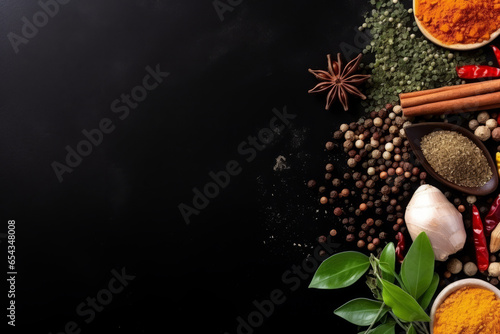 Seasonings, vegetables, fruits and foods on dark background. view from above. Generative AI