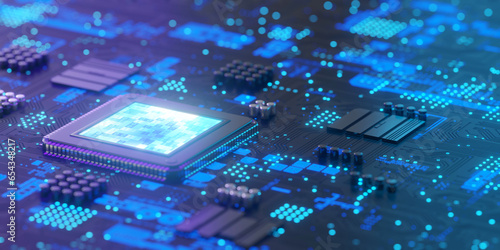 Chipset on circuit board for semiconductor industry, 3d rendering