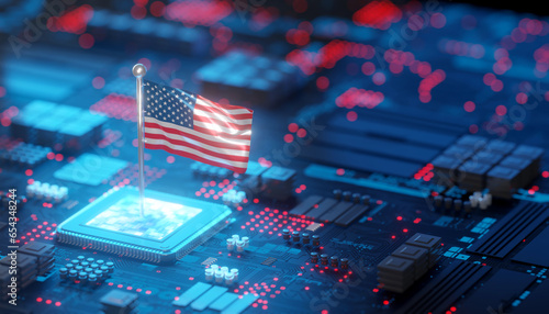 America flag on Chipset for semiconductor industry, 3d rendering photo