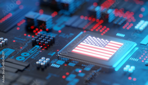 America flag on Chipset for semiconductor industry, 3d rendering
