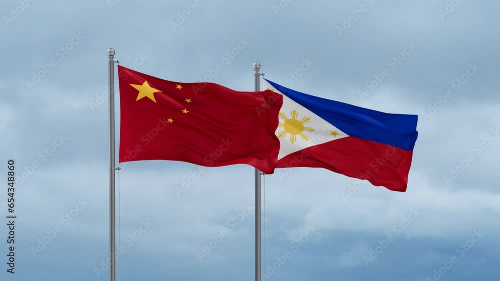 Philippines and China flag waving together on cloudy sky, endless seamless loop, two country cooperation concept Philippines and China flag waving together on cloudy sky, endless seamless loop, two country cooperation concept