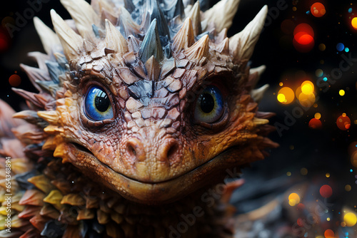 Smiling, cute little baby dragon looks straight into the camera, close up. The atmosphere is festive, there are many bright colorful holiday lights around. New year concept