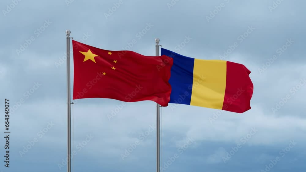Romania and China flag waving together on cloudy sky, endless seamless loop, two country cooperation concept Romania and China flag waving together on cloudy sky, endless seamless loop, two country cooperation concept