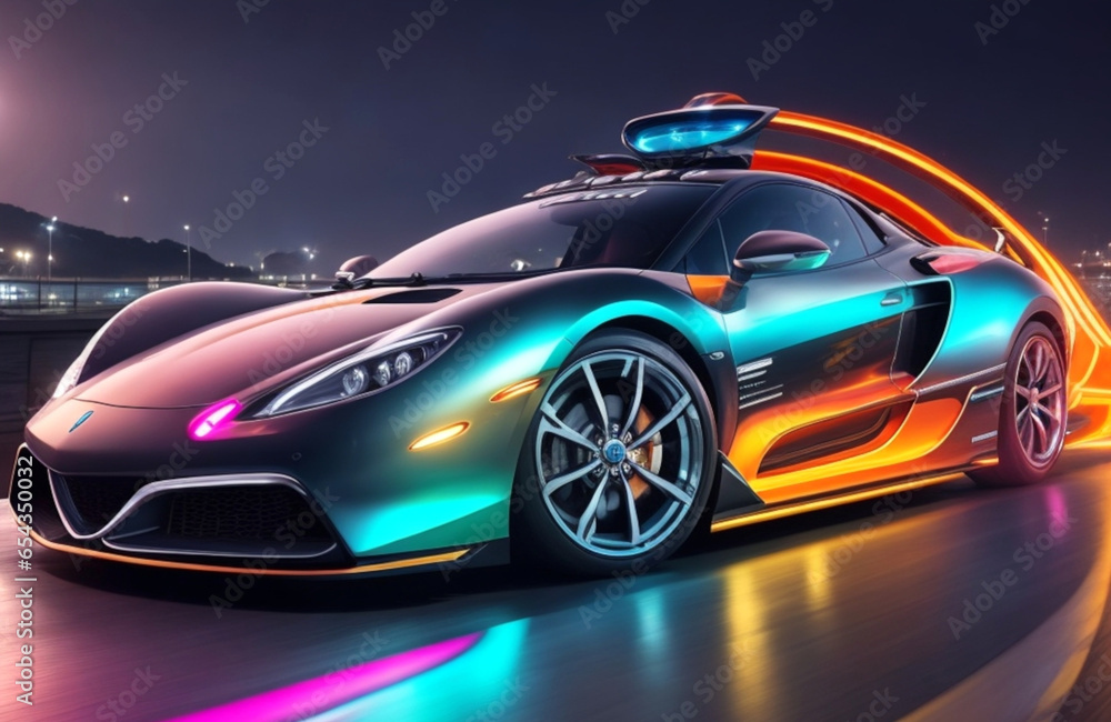 Automobile sportiva e accattivante che corre a gran velocità per le strade Automobile sportiva e accattivante che corre a gran velocità per le strade